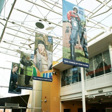 Double sided hanging banners - Southport College Reception Hall
