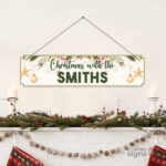 Personalised Christmas family name sign hanging - gold and green