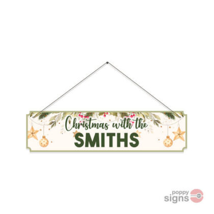 Personalised Christmas family name sign hanging - gold and green