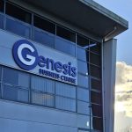 Genesis - illuminated aluminium composite tray sign with fret cut opal acrylic lettering