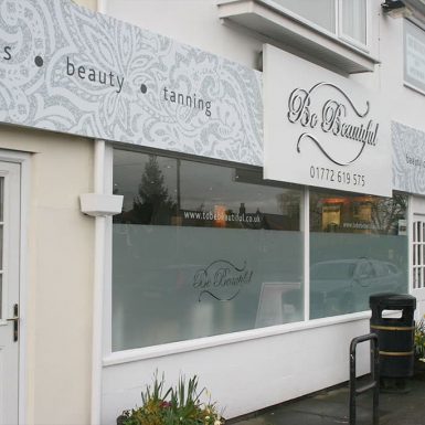Be Beautiful beauty clinic sign - mirror finish stand-off ali-comp letters on sign tray.