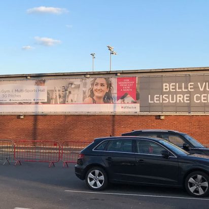 Bell Vue Leisure Centre 20metre digitally printed mesh banner with custom aluminium frame