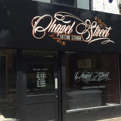 Chapel Street Tattoo studio - sign tray with full colour digital print and frosted window graphics.