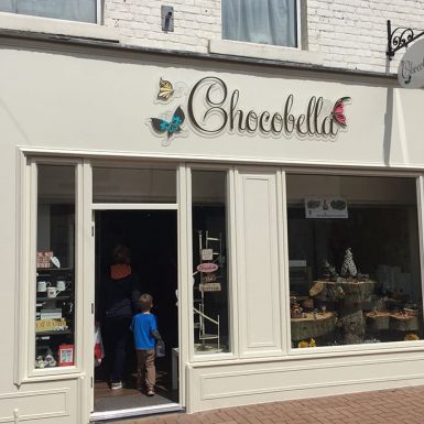 Chocobella sweet shop - acrylic sign on stand-off locators with digital print.