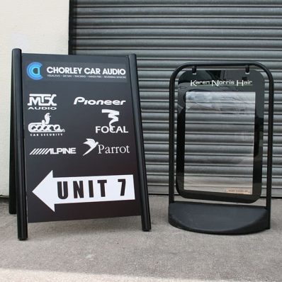 Digitally printed vinyl on a-board for Chorley Car Audio.