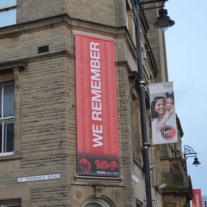 Chorley Council Remembrance digitally printed banner drop pole and catenary wire system