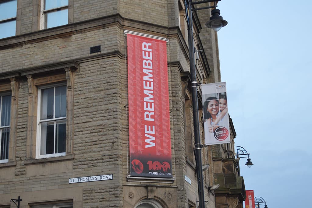 chorley-council-remembrance-digitally-printed-banner-drop-pole-and-catenary-wire-system Chorley Council Remembrance digitally printed banner drop pole and catenary wire system