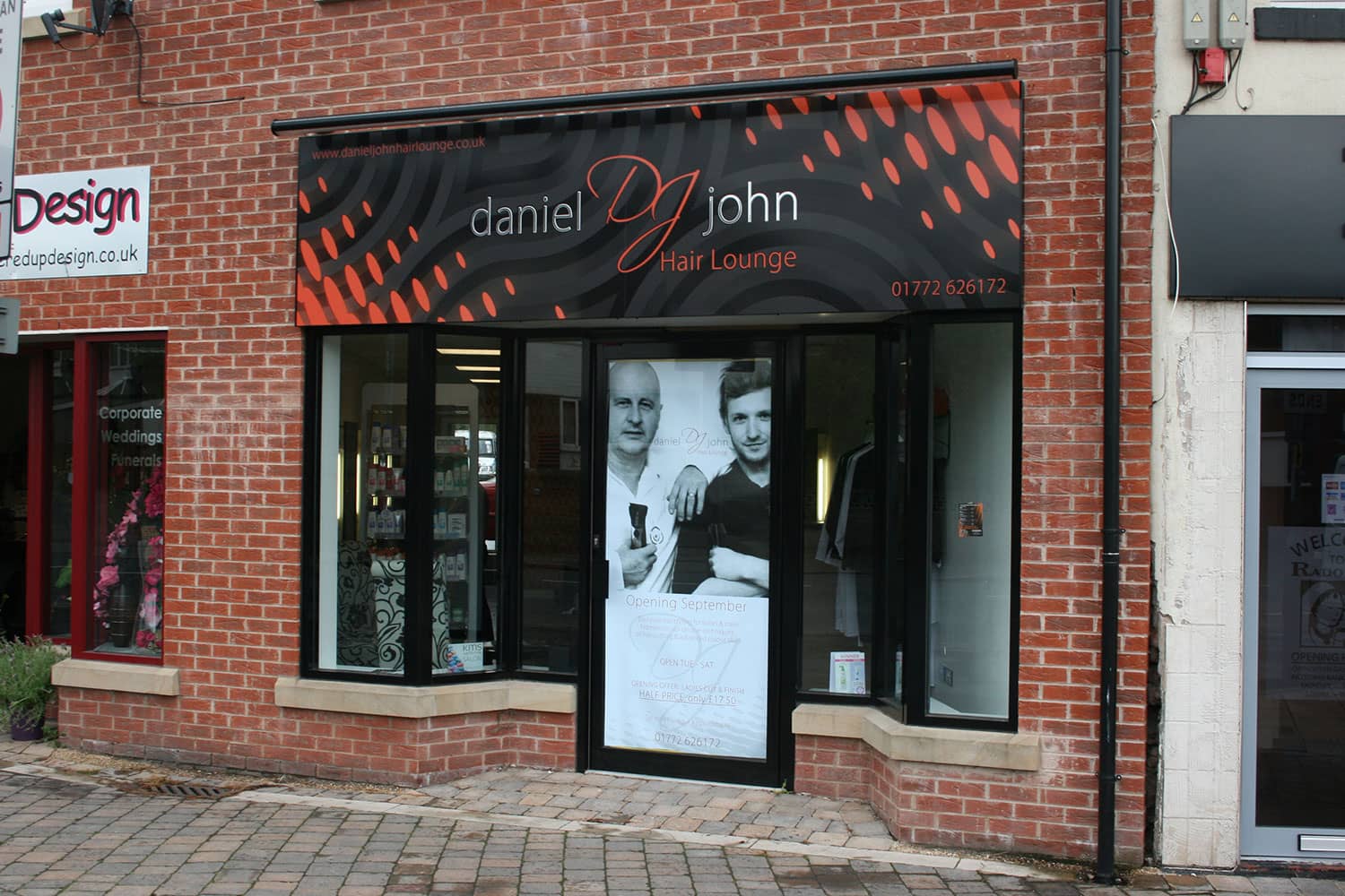 Daniel and John Hair Salon digitally printed flat panel with matt gloss contrast effect and trough lighting.