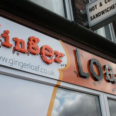 Ginger Loaf bakery shop - digitally printed panel with stand-off flat cut acrylic letters.