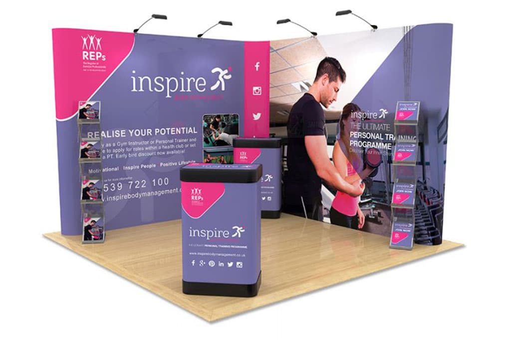 inspire Leisure 3x3 pop-up display stand Trade show booth featuring purple and pink Inspire Leisure 3x3 pop-up display stand