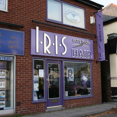 Iris Hair Salon - shop sign with flat cut dibond letters and trough lights.