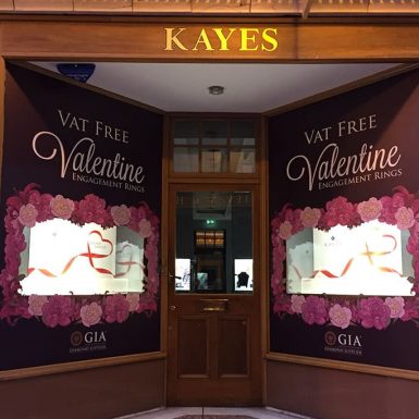 Kayes Jewellers - full colour digitally printed sign and contour-cut window graphics.