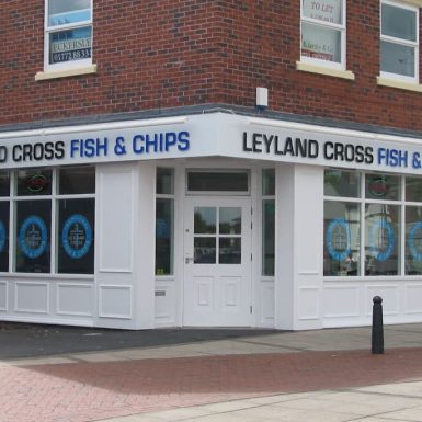 Leyland Cross Fish & Chips - sign tray with flat cut acrylic letters and trough lights.
