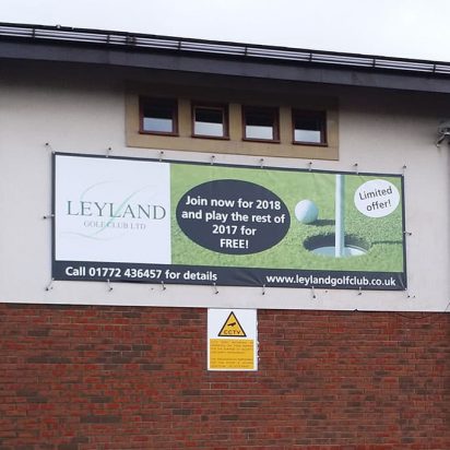 Leyland Golf Club digitally printed PVC banner with eyelet bungee system