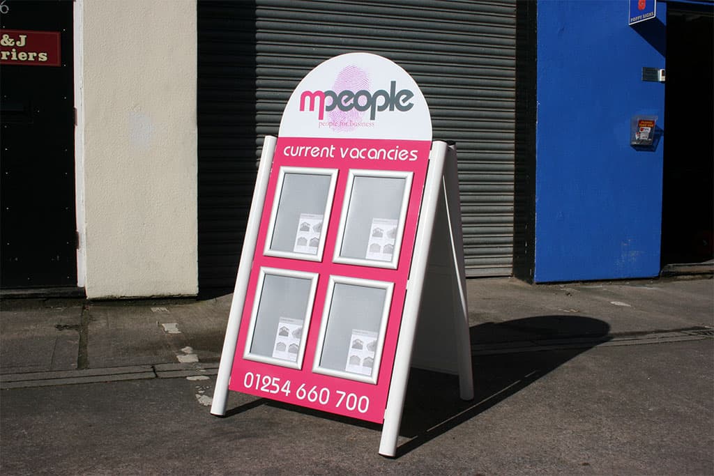 mpeople - metal a-board with card holder and digitally printed graphics. A metal A-board featuring a card holder and digitally printed graphics for M-People.
