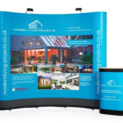 Modern Living Projects curved pop-up stand and presentation stand