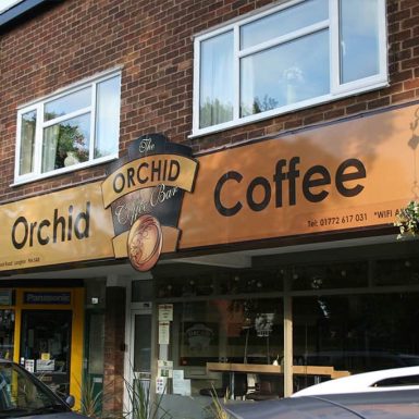 Orchid Coffee shop sign - full colour digital print flat panel with custom shaped stand-off panel.