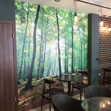 Ramada Southport Café digitally printed vinyl forest themed wallpaper