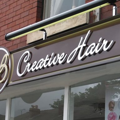 RB Creative Hair dressers - frame panels with flat cut acrylic letters and trough lights.