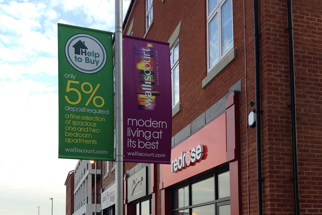 Red Rose Buckshaw Village fit double sided digitally printed PVC banners on projecting arms Double sided digitally printed PVC banners on projecting arms at Red Rose Buckshaw Village.