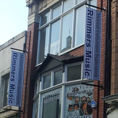 Rimmers Music digitally printed double sided PVC banners on projecting arms
