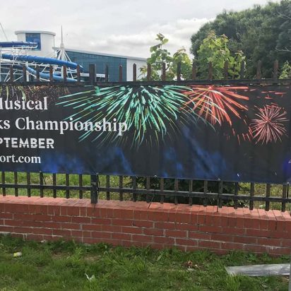 PVC banner with eyelets promoting British Musical Fireworks Championship in Southport
