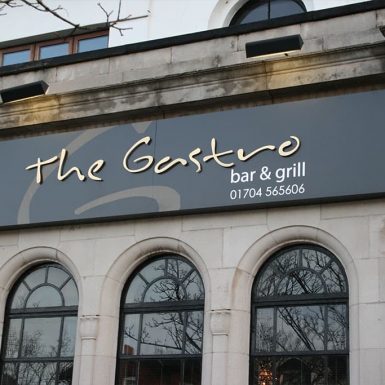 The Gastro bar & grill restaurant - sign tray with stand-off lettering and clear acrylic plaques on stand-off locators.