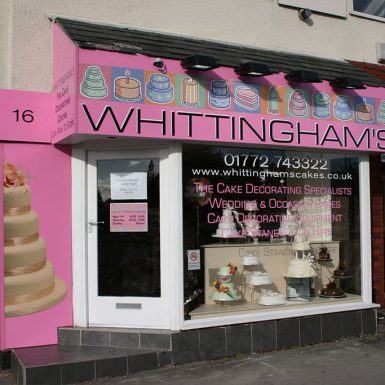 Whittingham's cake shop - digitally printed sign facia and window graphics.