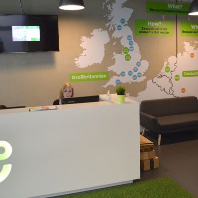 ao.com - digitally printed wallpaper graphics and illuminated fret cut reception sign