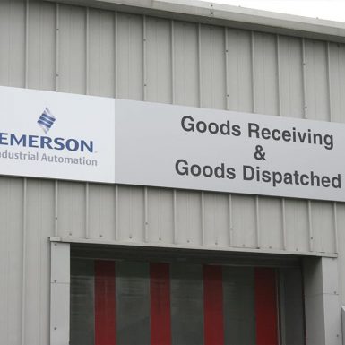 Asco Emerson - digitally printed warehouse goods entrance sign tray