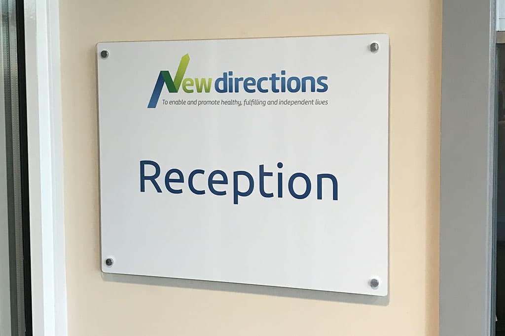 new-directions-plaque-wayfinding-sign-with-digital-print-to-back-and-silver-stand-off-locators New directions - plaque wayfinding sign with digital print to back and silver stand-off locators