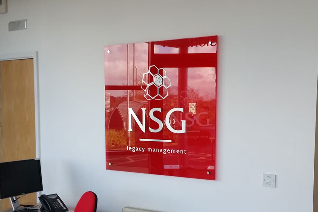 nsg-legacy-management-red-acrylic-plaque-with-digitally-printed-cut-graphics-mounted-on-chrome-stand-offs NSG Legacy Management - red acrylic plaque with digitally printed cut graphics mounted on chrome stand-offs