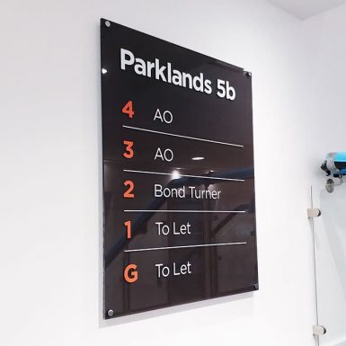 Parklands - acrylic plaque wayfinding sign with digital print to back and stand-off locators