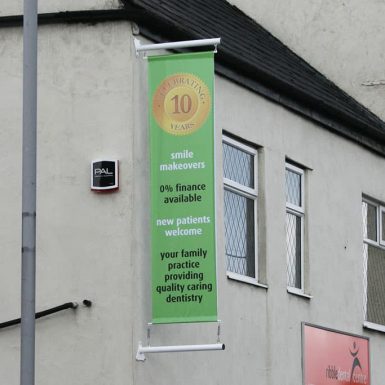 Ribble Dental - digitally printed PVC drop banner on projecting arm