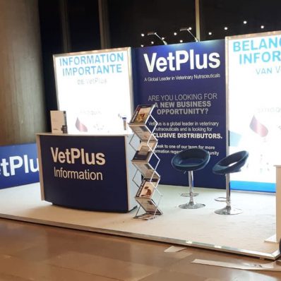 VetPlus - exhibition stand digitally printed PVC banners with illuminated trays and presentation counter