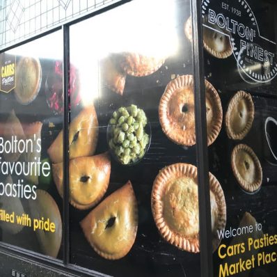Carrs Pasties in Bolton - digitally printed window graphics