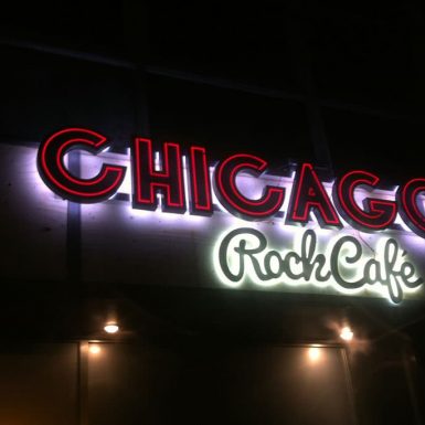 Chicago Rock Café - built-up 3D letters with faux neon effect and halo illimitation