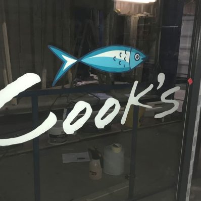 Cooks Fish and Chips - full colour contour cut window graphics