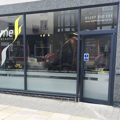 Flame Hair and Beauty - cut vinyl graphics and etched effect window graphics