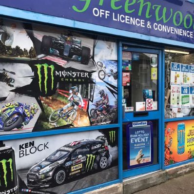 Greenwoods Off-Licence - digitally printed window vinyl