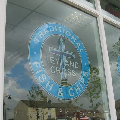 Leyland Cross Fish and Chips - digitally printed vinyl window graphics