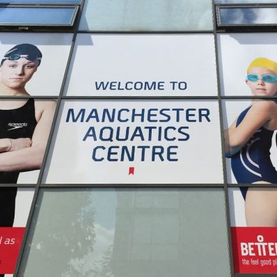 Manchester Aquatic Centre - window vinyl digitally printed and contour cut