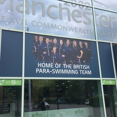 Manchester Para Swim Team - full colour digitally printed UV window graphics