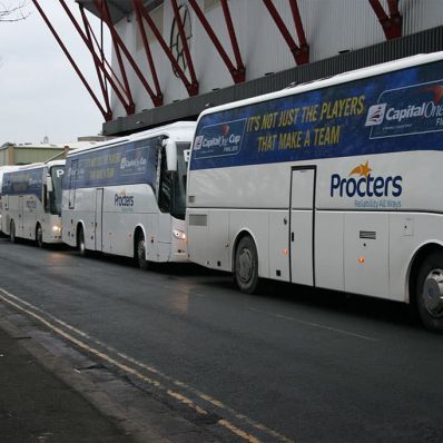 Procters Coaches - digitally printed one-way-vision film contravision coach windows