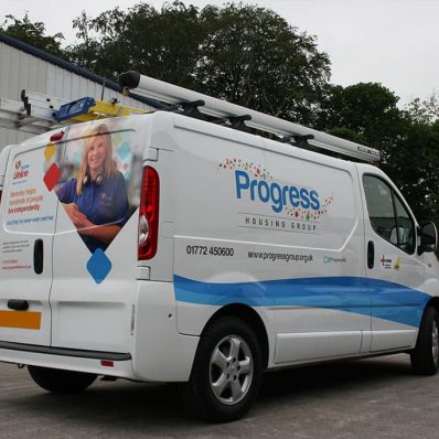 Progress Housing - digitally printed vehicle graphics mix of regular and wrapping vinyl