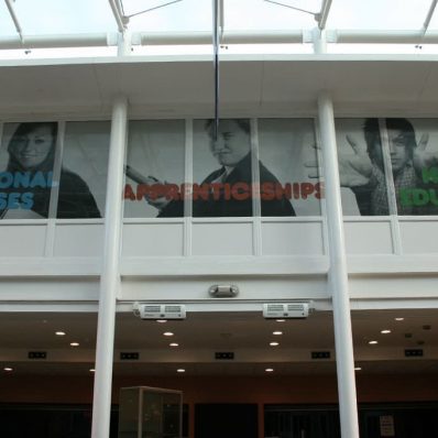 Southport College Reception hall - digitally printed contravision window graphics