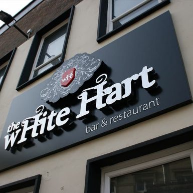White Hart - 3D built-up poly stainless steel sign letters with white LED halo illumination