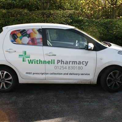 Withnell Pharmacy - print and cut vinyl vehicle graphics with contravision on rear quarter windows