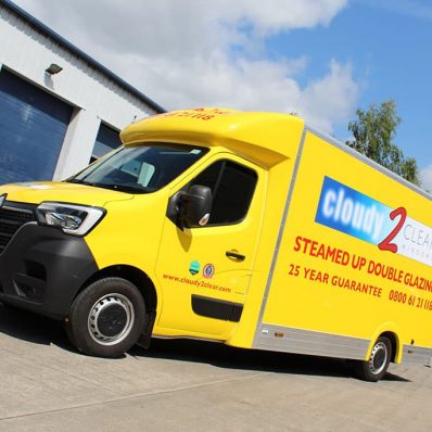 Cloudy2clear - Renault Master Luton full vehicle wrap with yellow premium vinyl and digitally printed vinyl graphics with UV protection